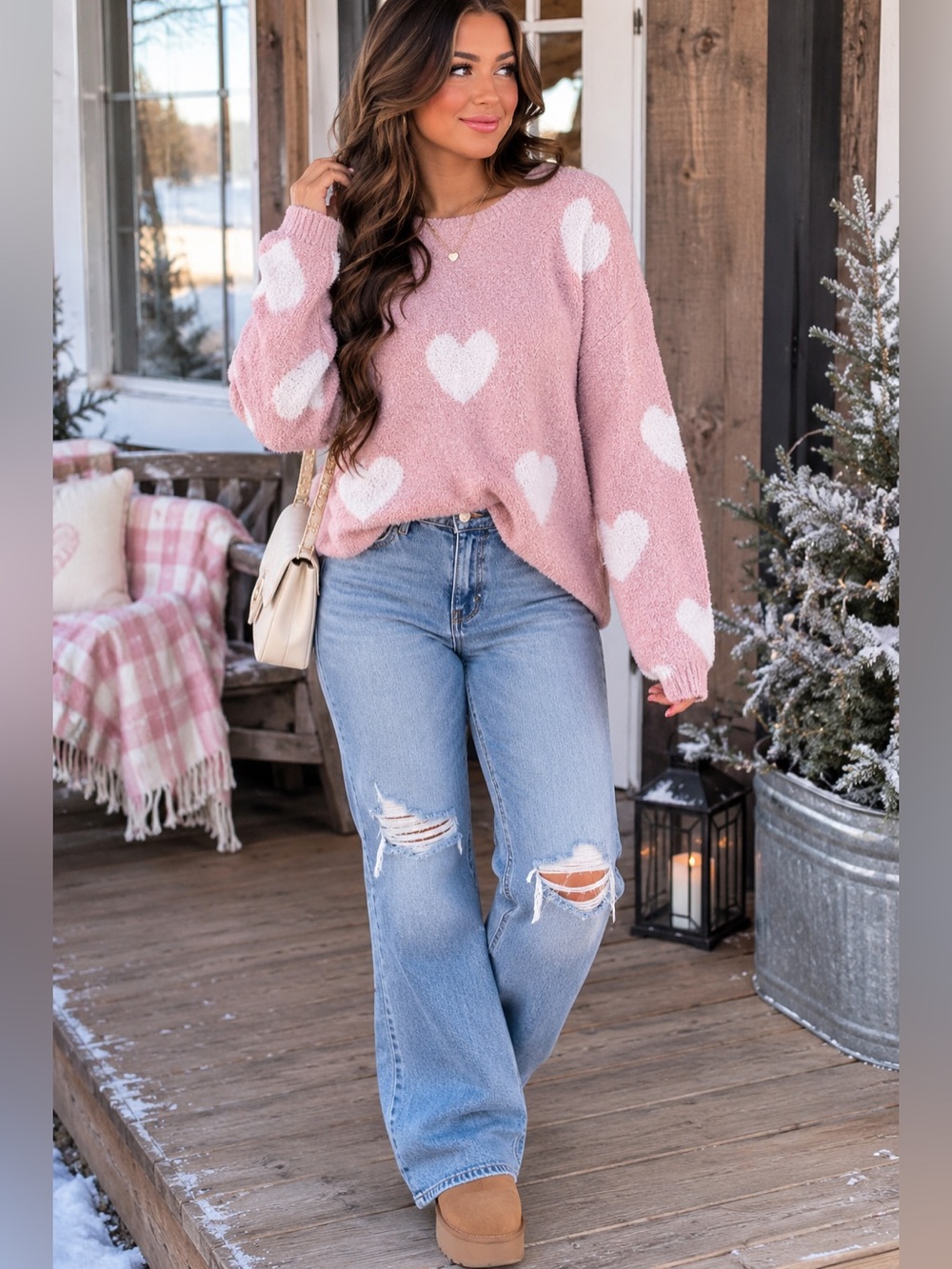 Happily Grey Cozy Pink Heart Plush Sweater - White Hearts